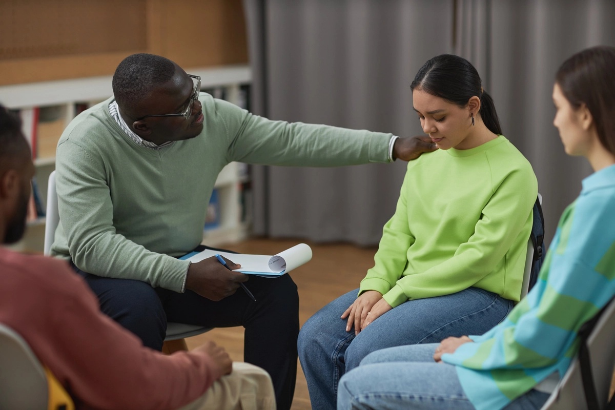 Trauma Informed Therapy: Man comforting sad woman in a group setting